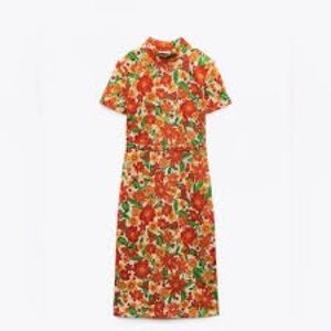 Zara Turtle Neck Floral Orange and Green Jacquard Belted Dress Large